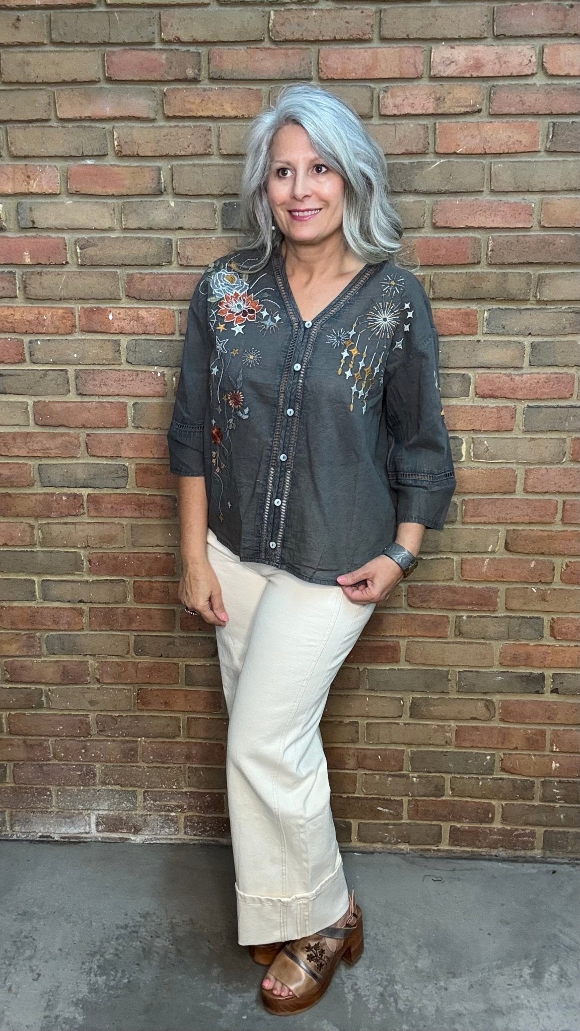 Jovanna - Dark Grey Embroidery Shirt - Vintage Vault Boutique