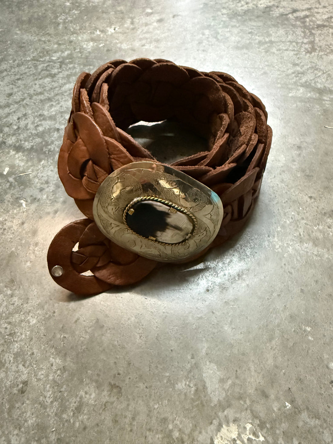 Brown Woven Belt with Oval Shell Accent Buckle