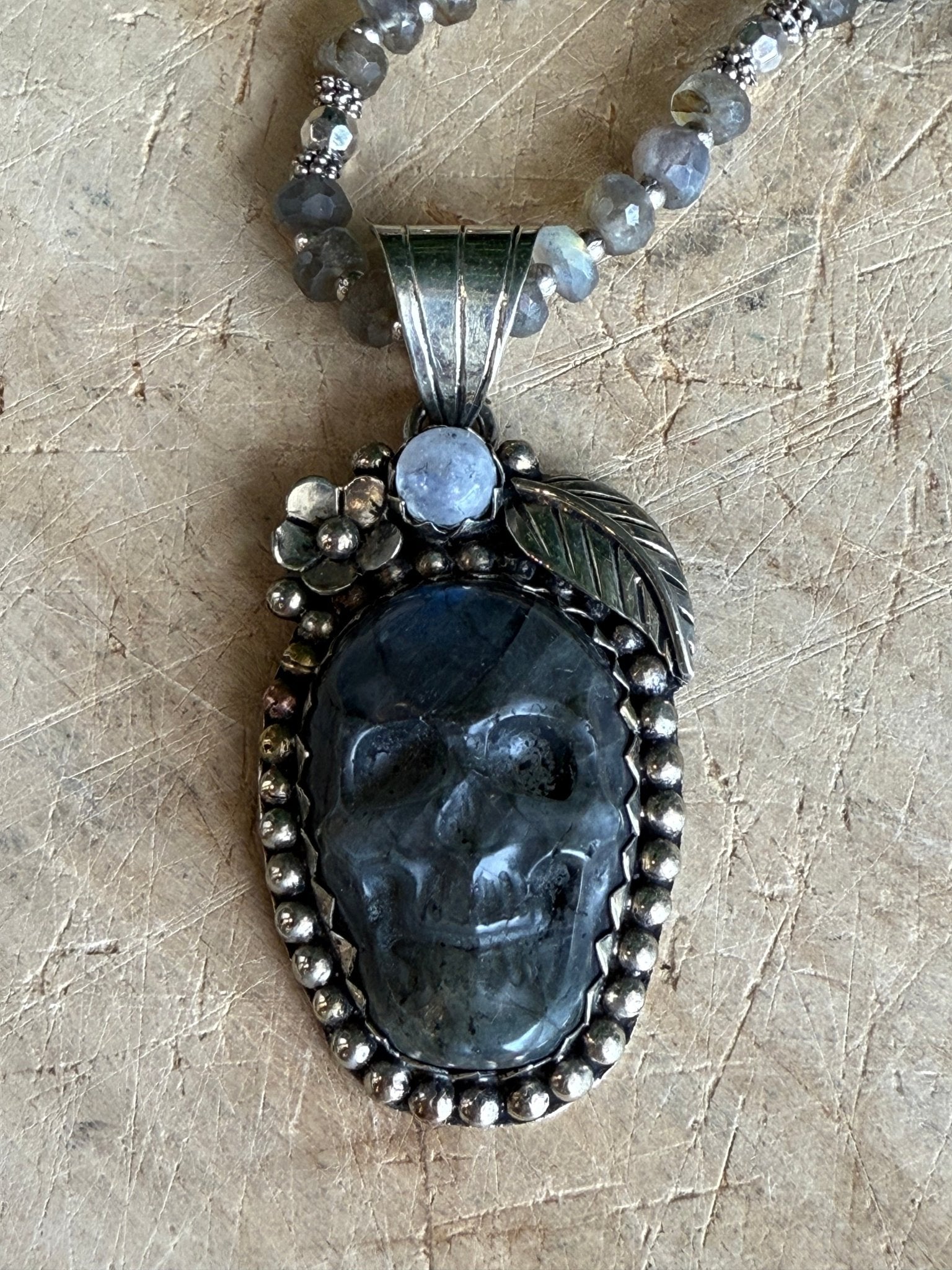 Labradorite/Moonstone Skull Necklace - Vintage Vault Boutique