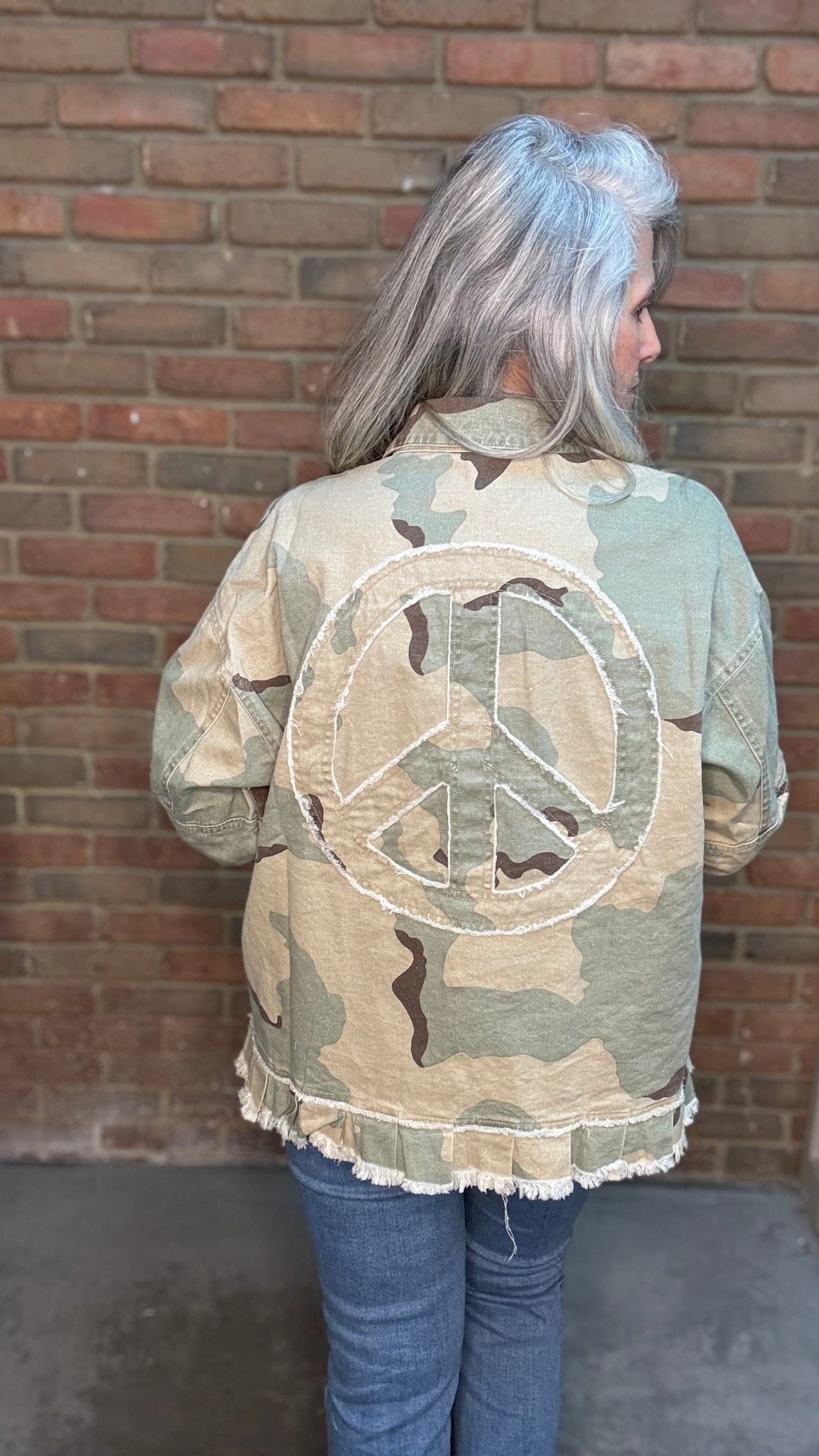 Camo Ruffle Hem Peace Jacket - Vintage Vault Boutique