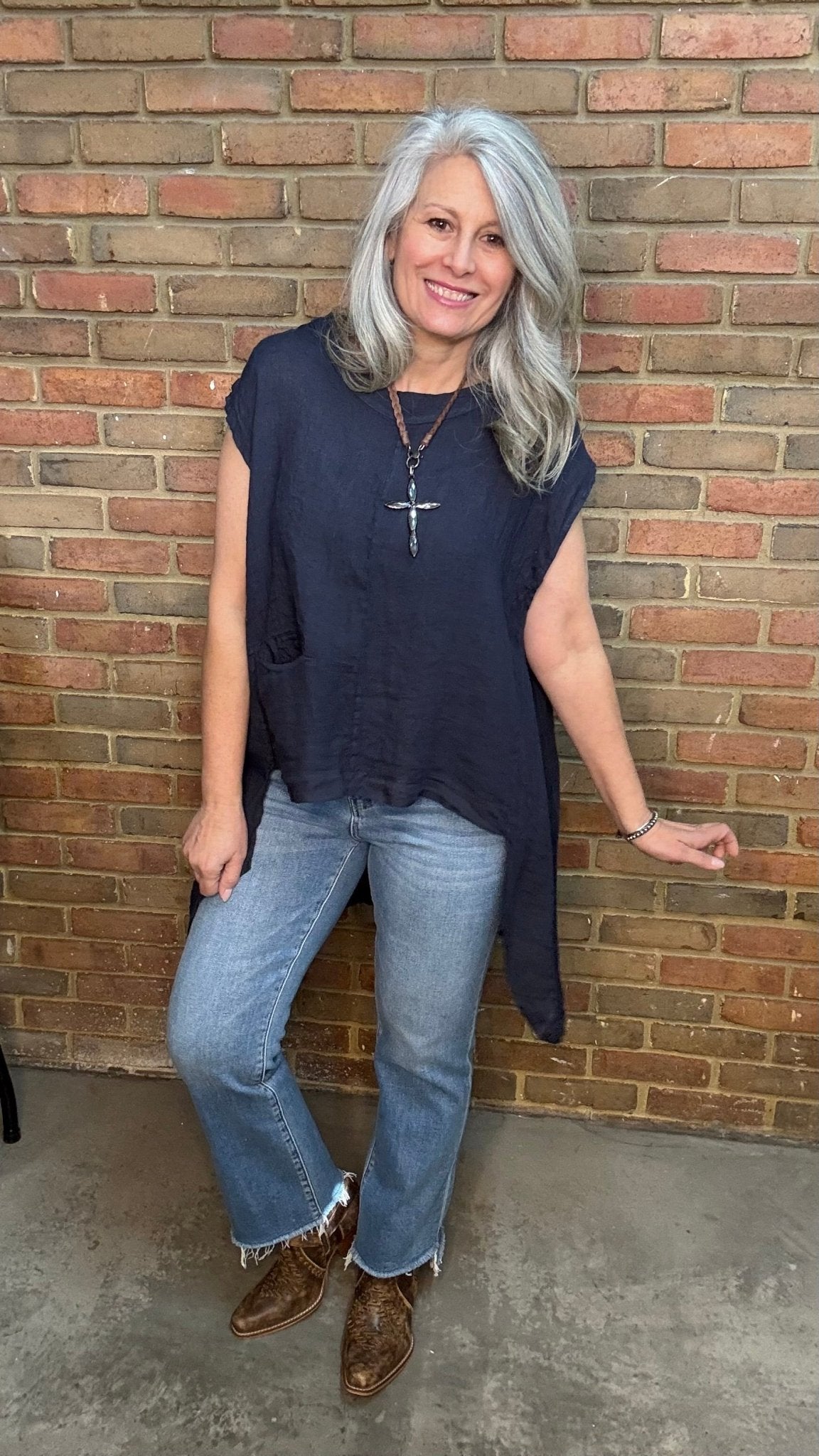 Navy Linen Hi Lo Tank with Pocket - Vintage Vault Boutique