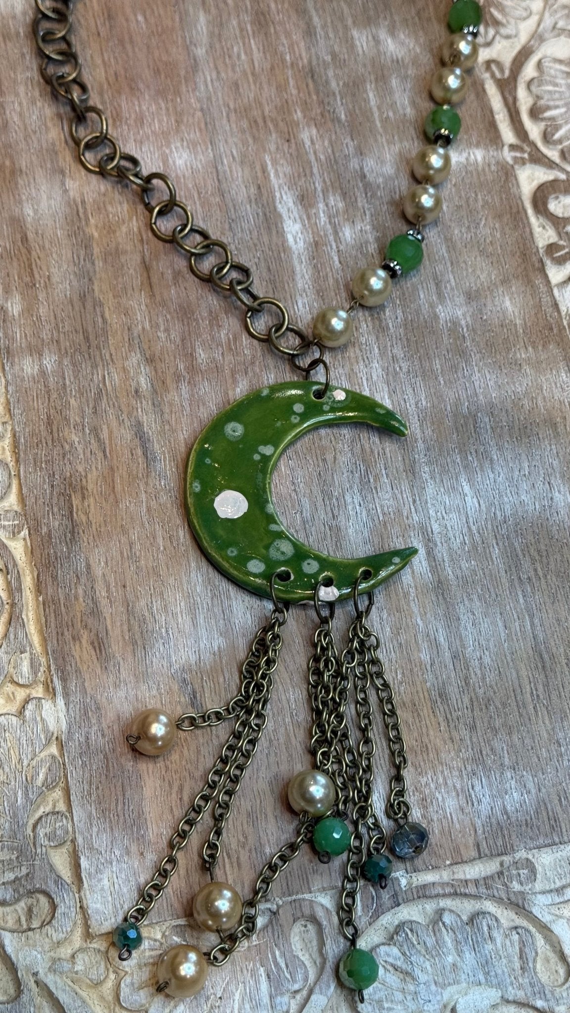 Green Ceramic Moon Necklace - Vintage Vault Boutique