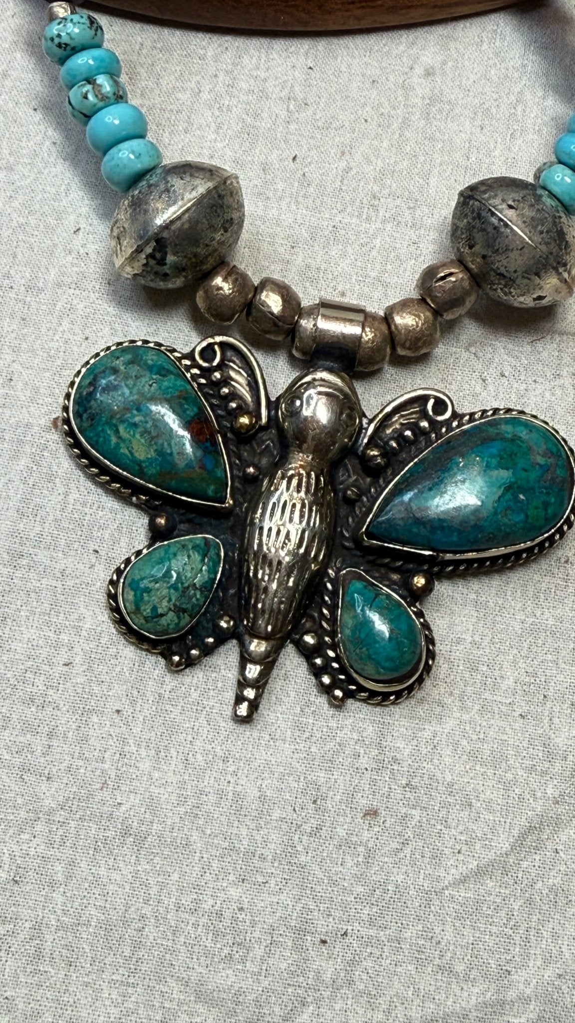 Turquoise Butterfly on Mixed Beaded Necklace - Vintage Vault Boutique