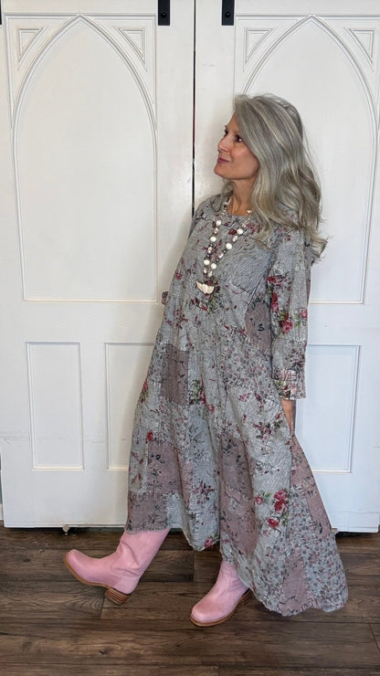 Floral Patchwork Long Cotton Dress - Vintage Vault Boutique