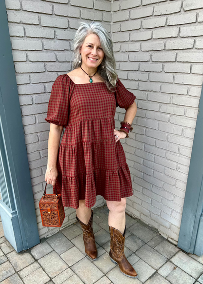 Half Sleeve Plaid Tiered Dress 