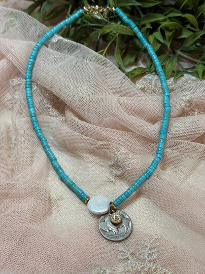 Turquoise Pearl and Buffalo Nickel Necklace - Vintage Vault Boutique