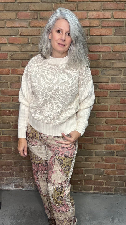Waffle Stitch Front Paisley Sweater
