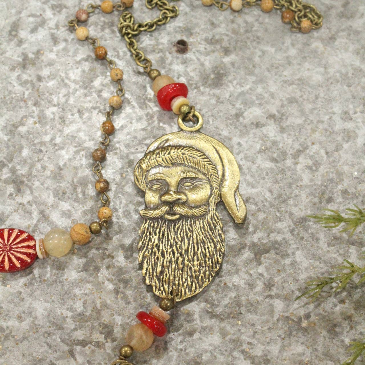 Bronze Santa &amp; His Czech Candy Layered Pendant Necklace