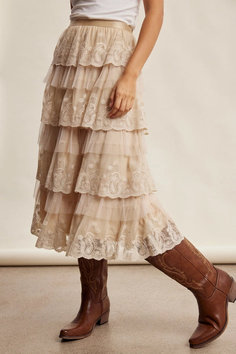 Frilly Lace Tiered Midi Skirt