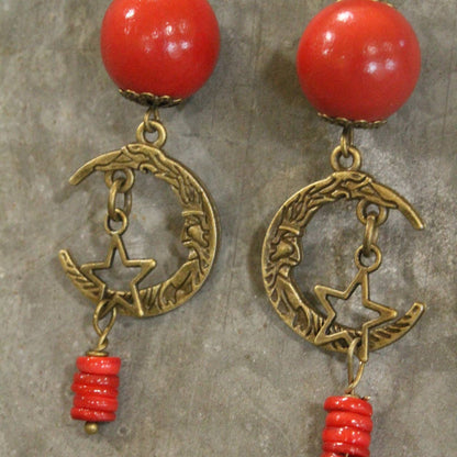 Bronze Santa Moon &amp; Stars Earring Drops