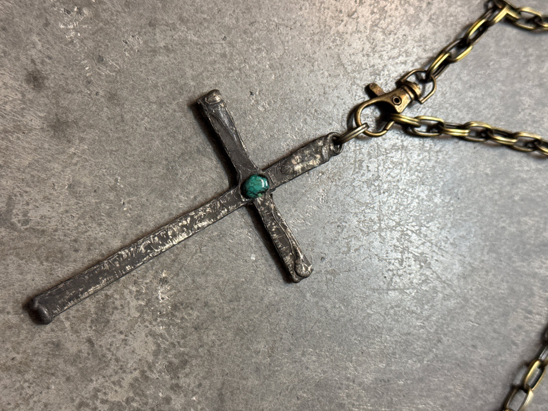 Large Rustic Cross with Turquoise Center Necklace