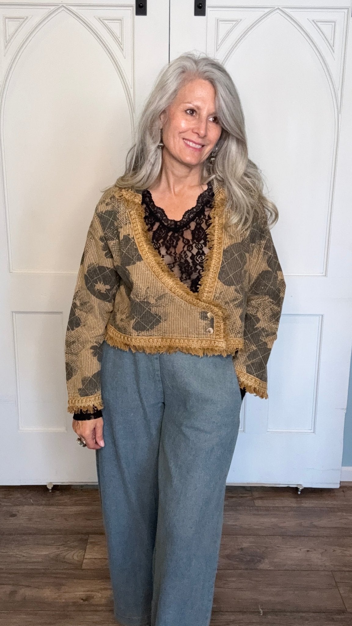 Short Mustard Print Fringe Jacket - Vintage Vault Boutique