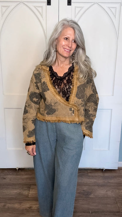 Short Mustard Print Fringe Jacket - Vintage Vault Boutique