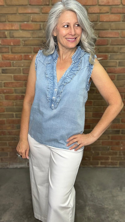 Ruffle Sleeveless V - Neck Top - Vintage Vault Boutique