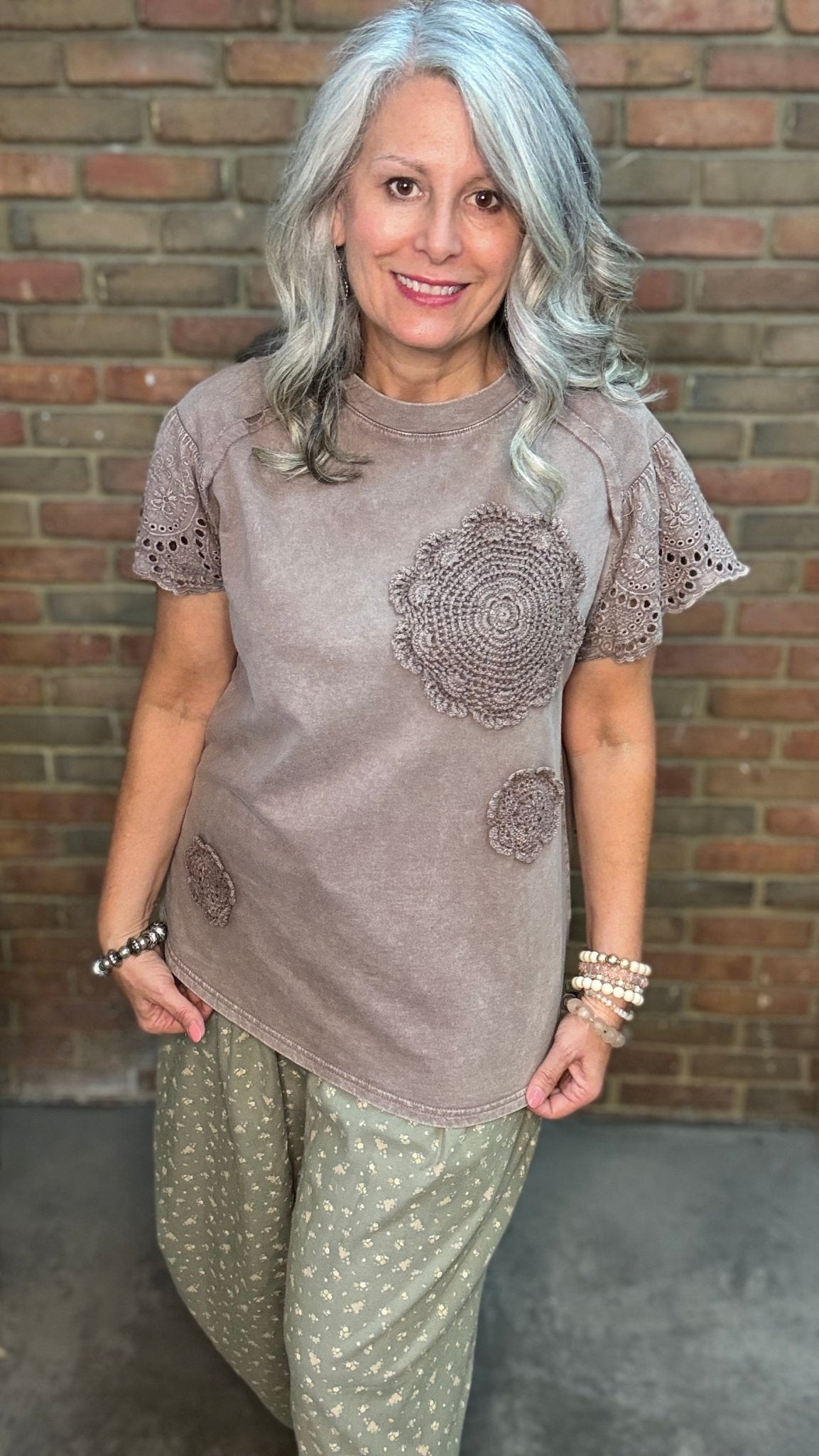 Mocha Crochet Patch Top - Vintage Vault Boutique