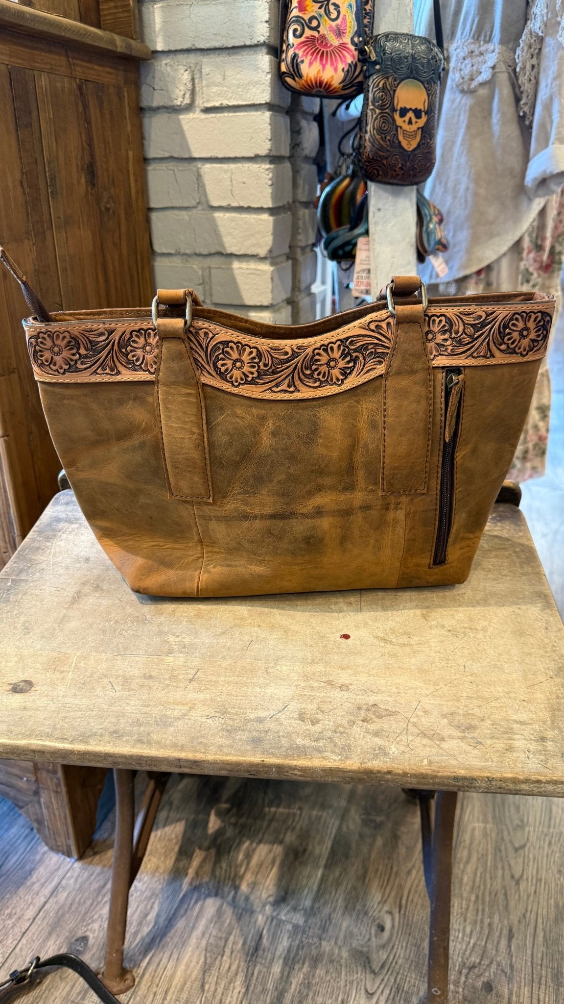 Brown Leather with Tooled Accents Handbag - Vintage Vault Boutique