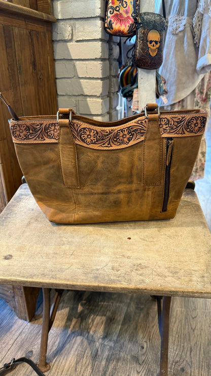 Brown Leather with Tooled Accents Handbag - Vintage Vault Boutique