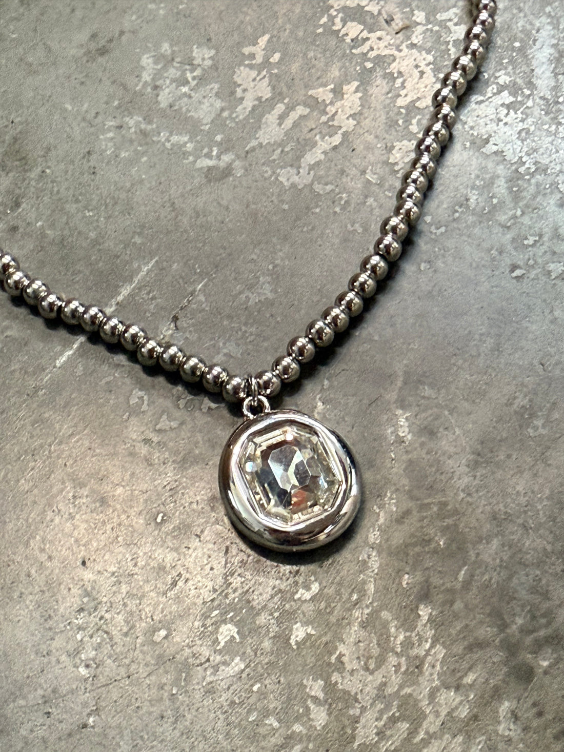 Silver Crystal Pendant on Silver Beaded Necklace