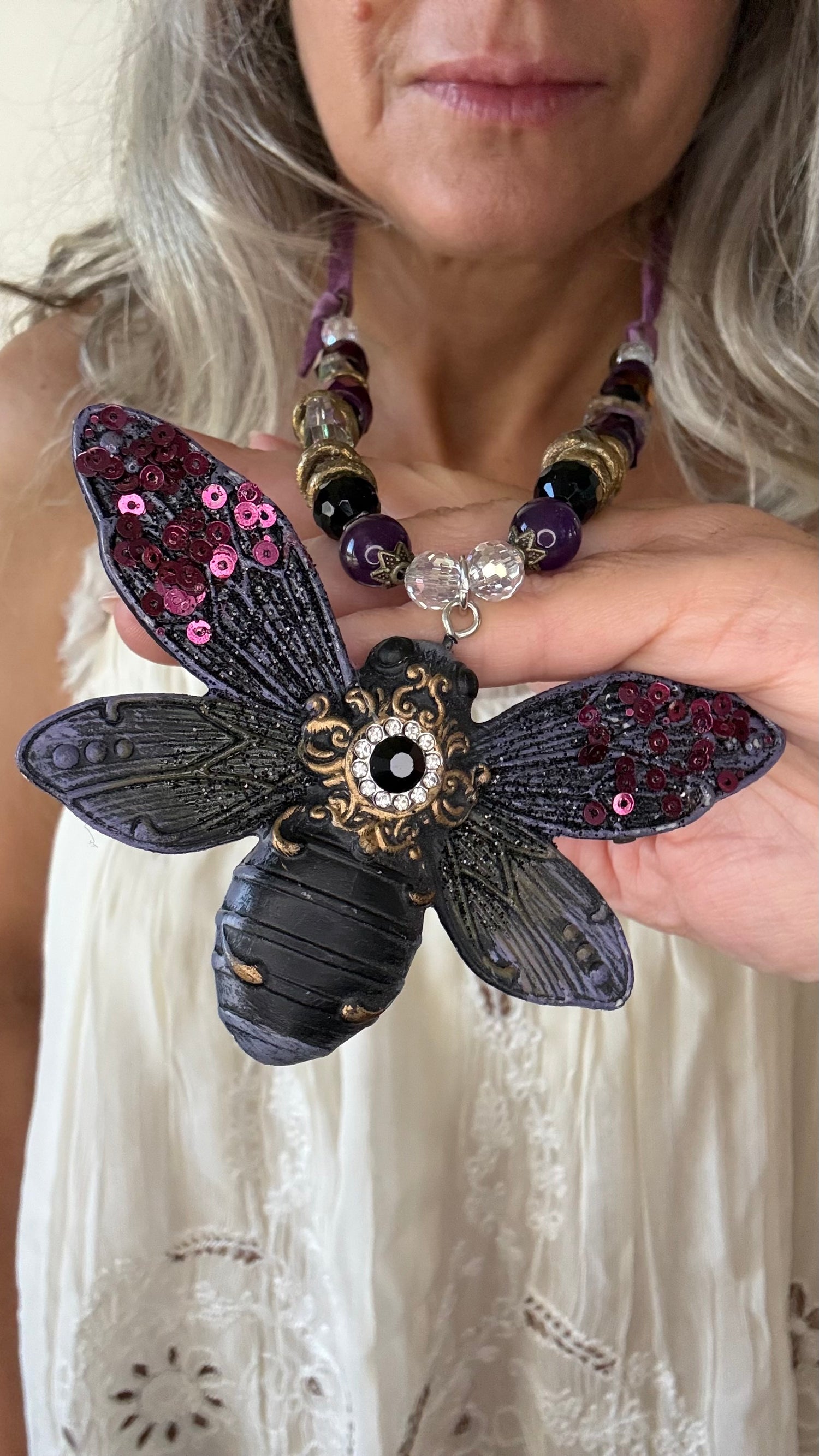 Winged Bug on Beaded Necklace