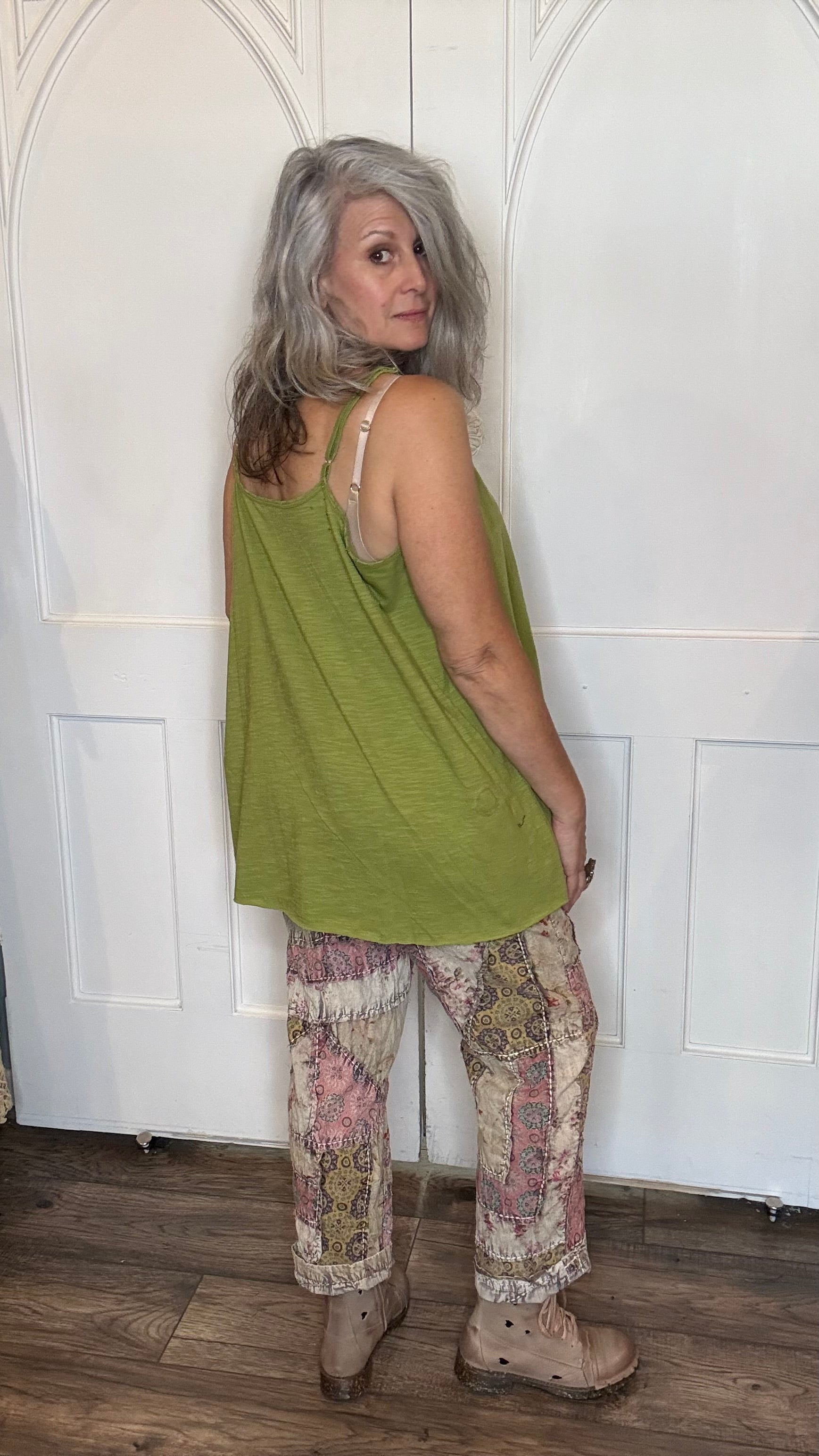 Apple Green Cami with Lace Inset and Raw Edges