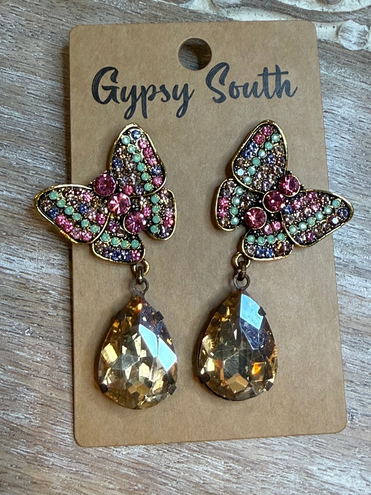 Butterfly with Crystal Drop Earring - Vintage Vault Boutique