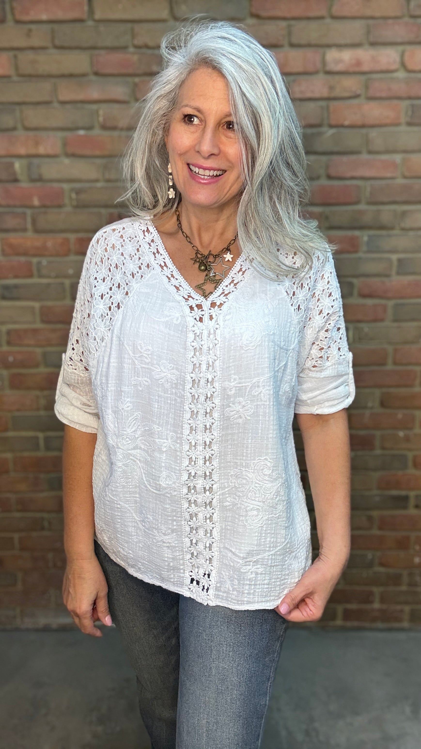 White V-Neck Embroidery Top