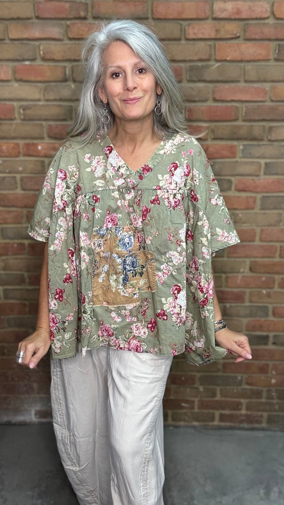 Flower Print Patchwork Loose Top - Vintage Vault Boutique