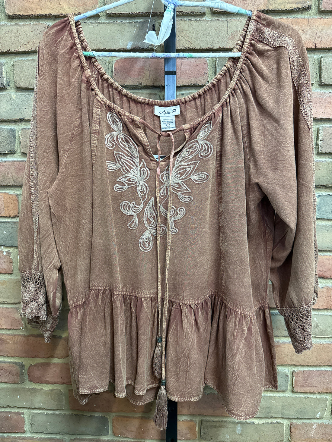 Brown Ruffle Peasant Top L