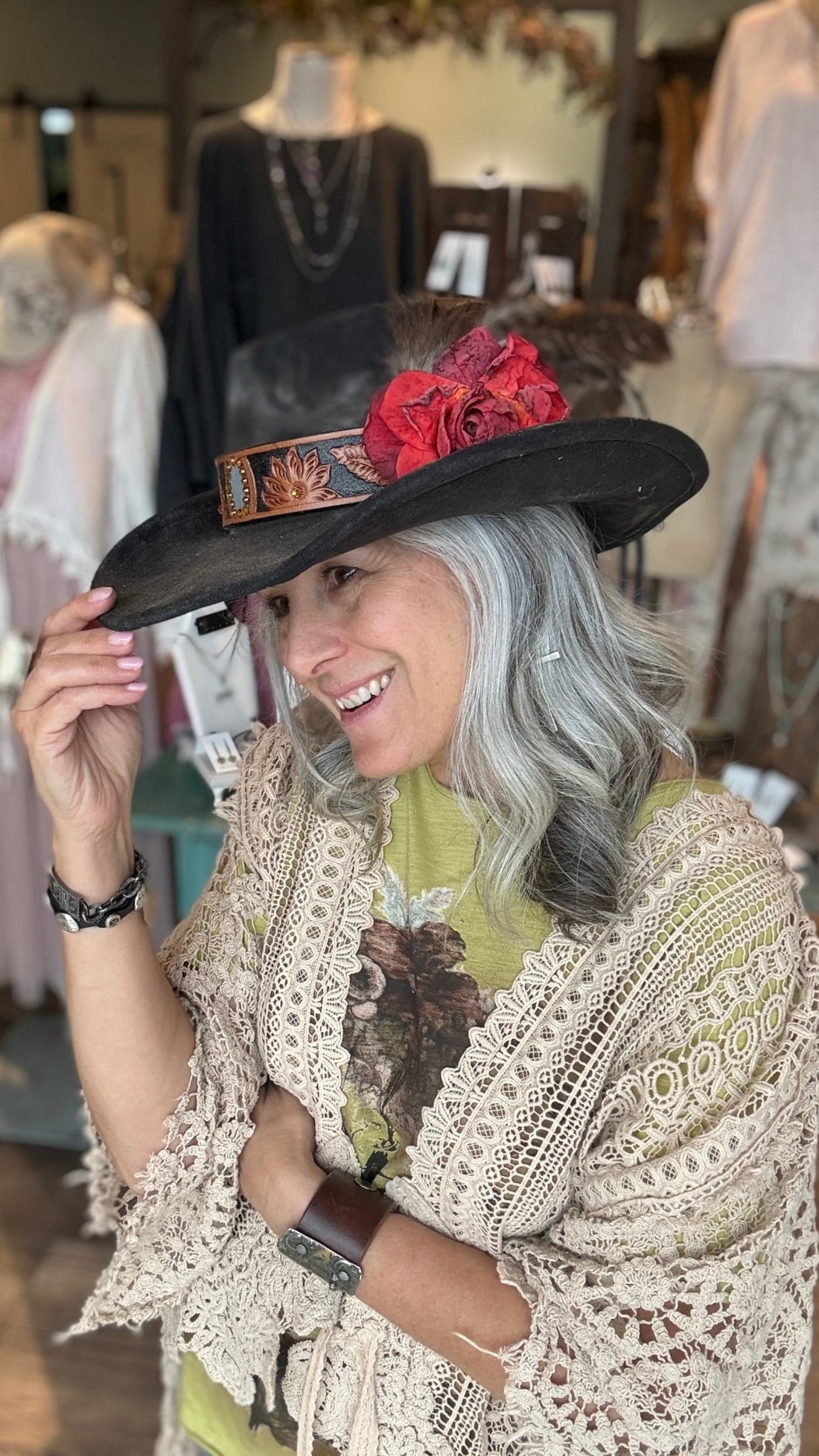 Red Rose Black Cowboy Hat by A Rare Bird - Vintage Vault Boutique