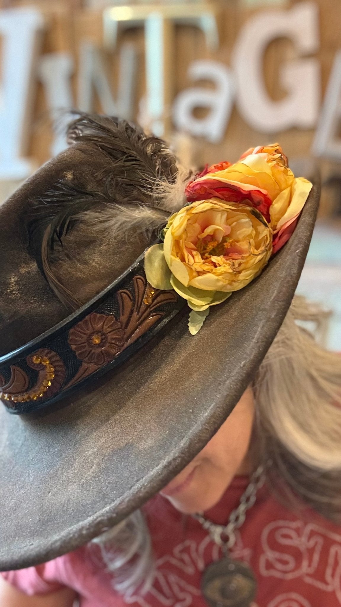 Yellow Rose Embossed Band Cowboy Hat by A Rare Bird - Vintage Vault Boutique