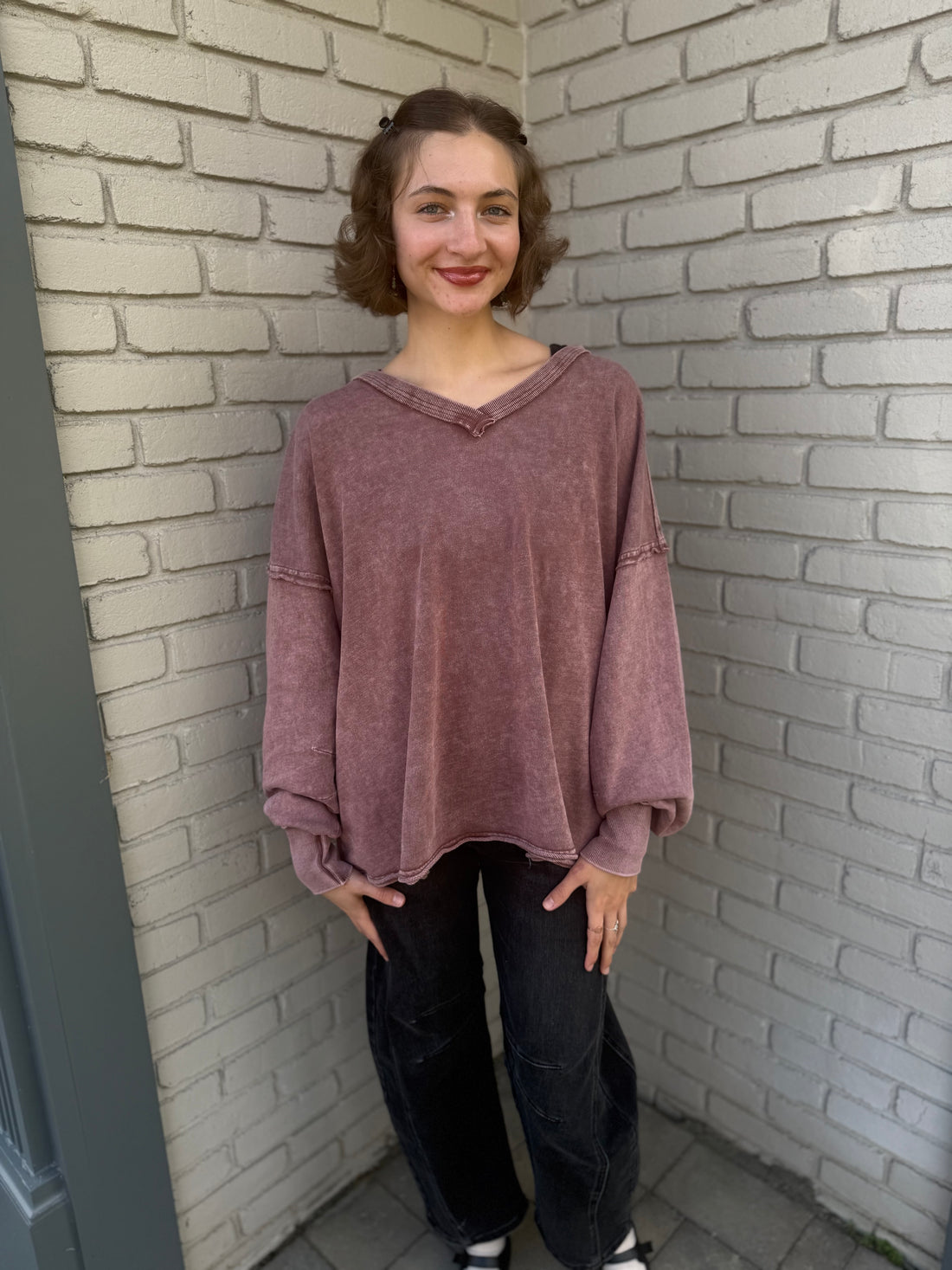Red Bean V-Neck Oversized Sweatshirt