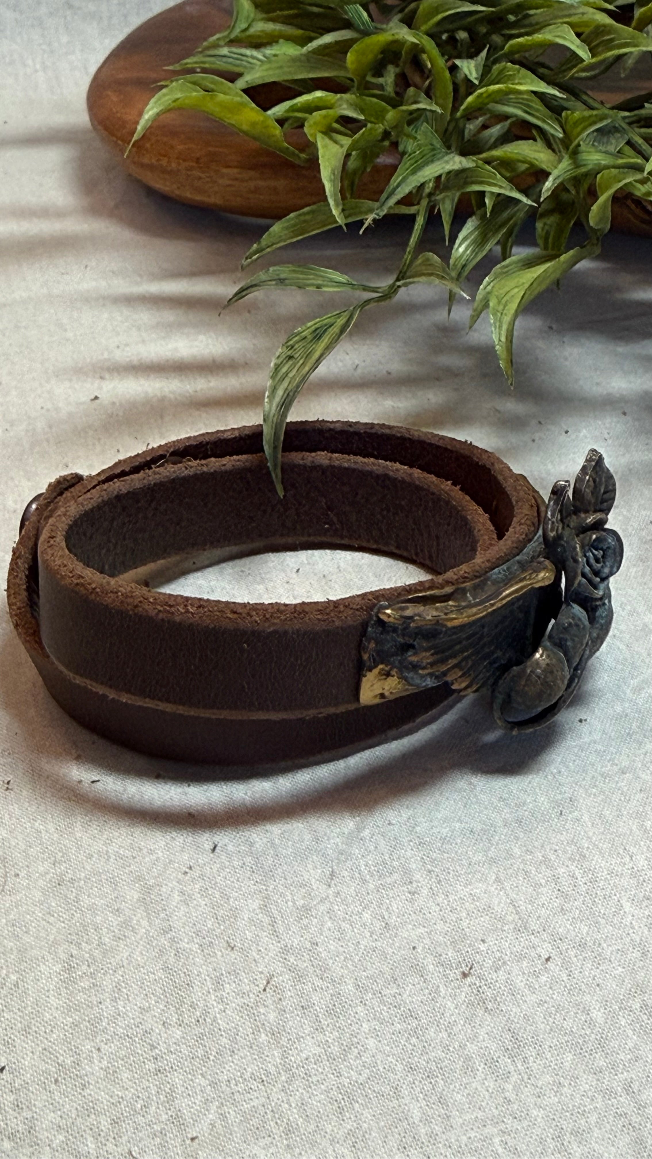 Leather with Brass Double Heart Bracelet