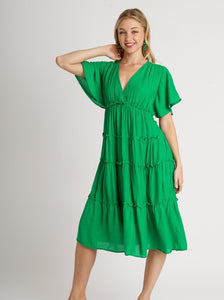 Kelly Green Smocked Short Sleeve V-Neck Textured Tiered Midi Dress
