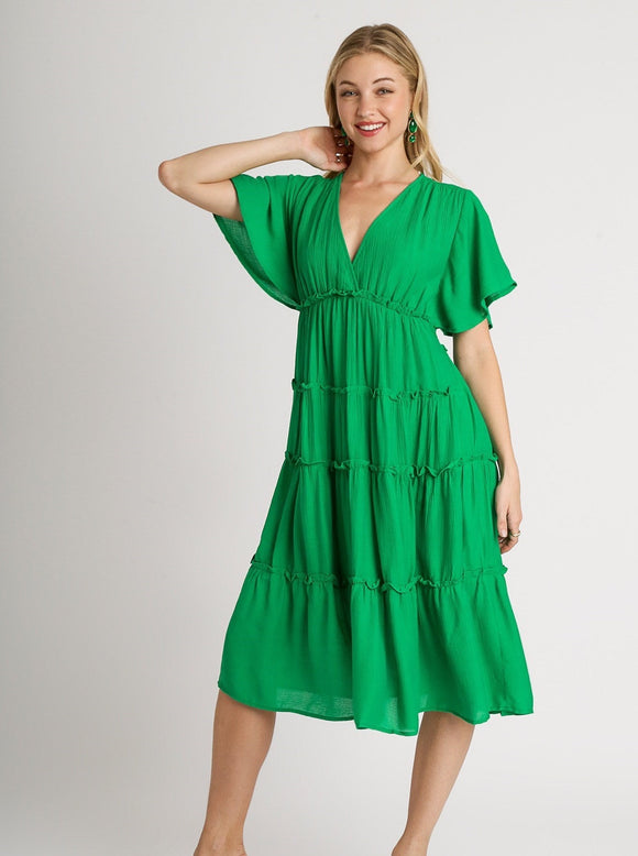 Kelly Green Smocked Short Sleeve V-Neck Textured Tiered Midi Dress