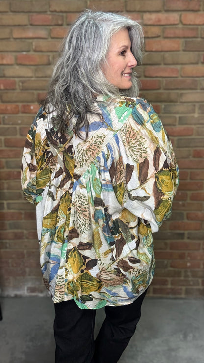 Abstract Floral Printed Button Down Blouse