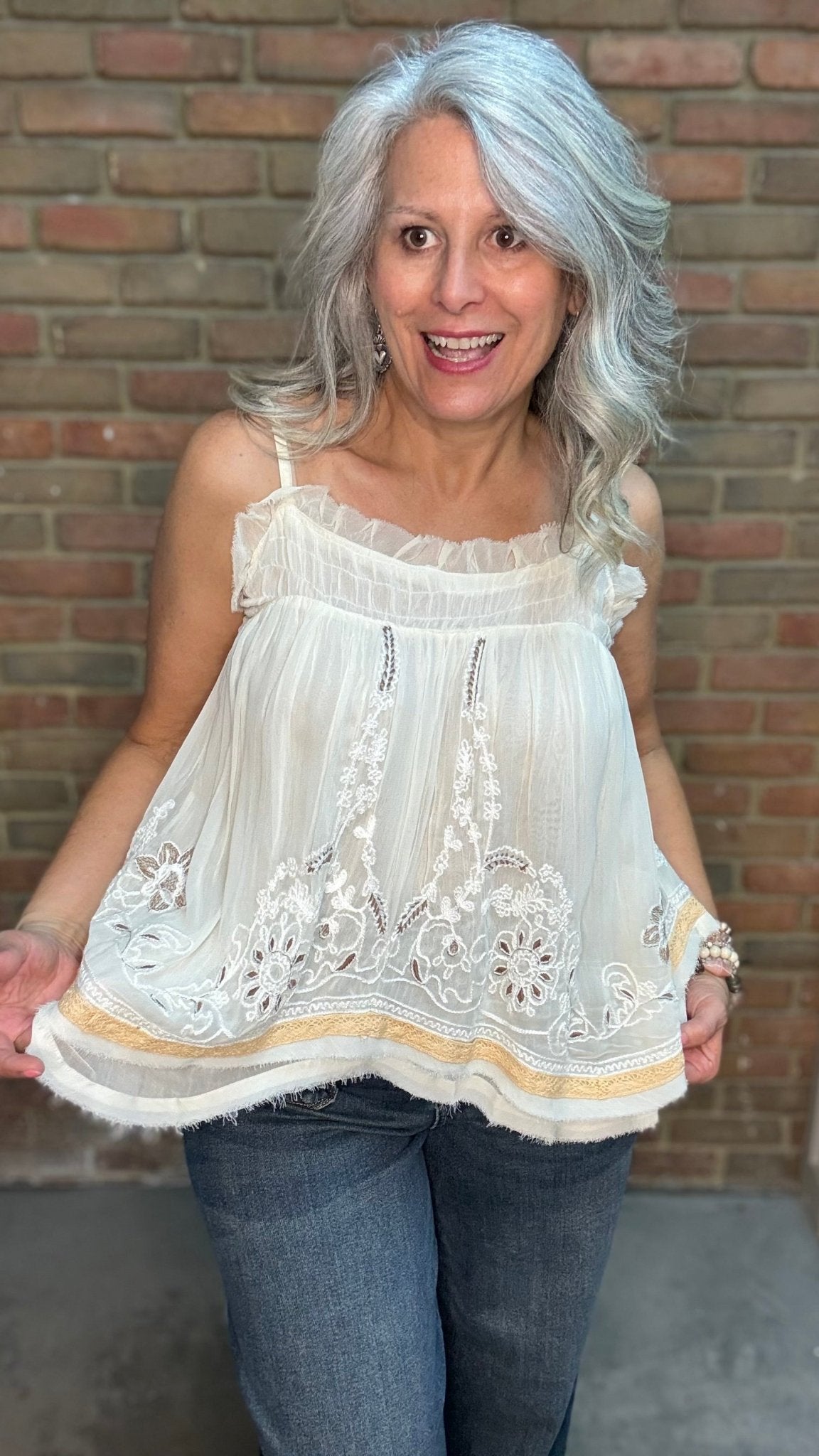 Ruffle Embroidered Tank - Vintage Vault Boutique