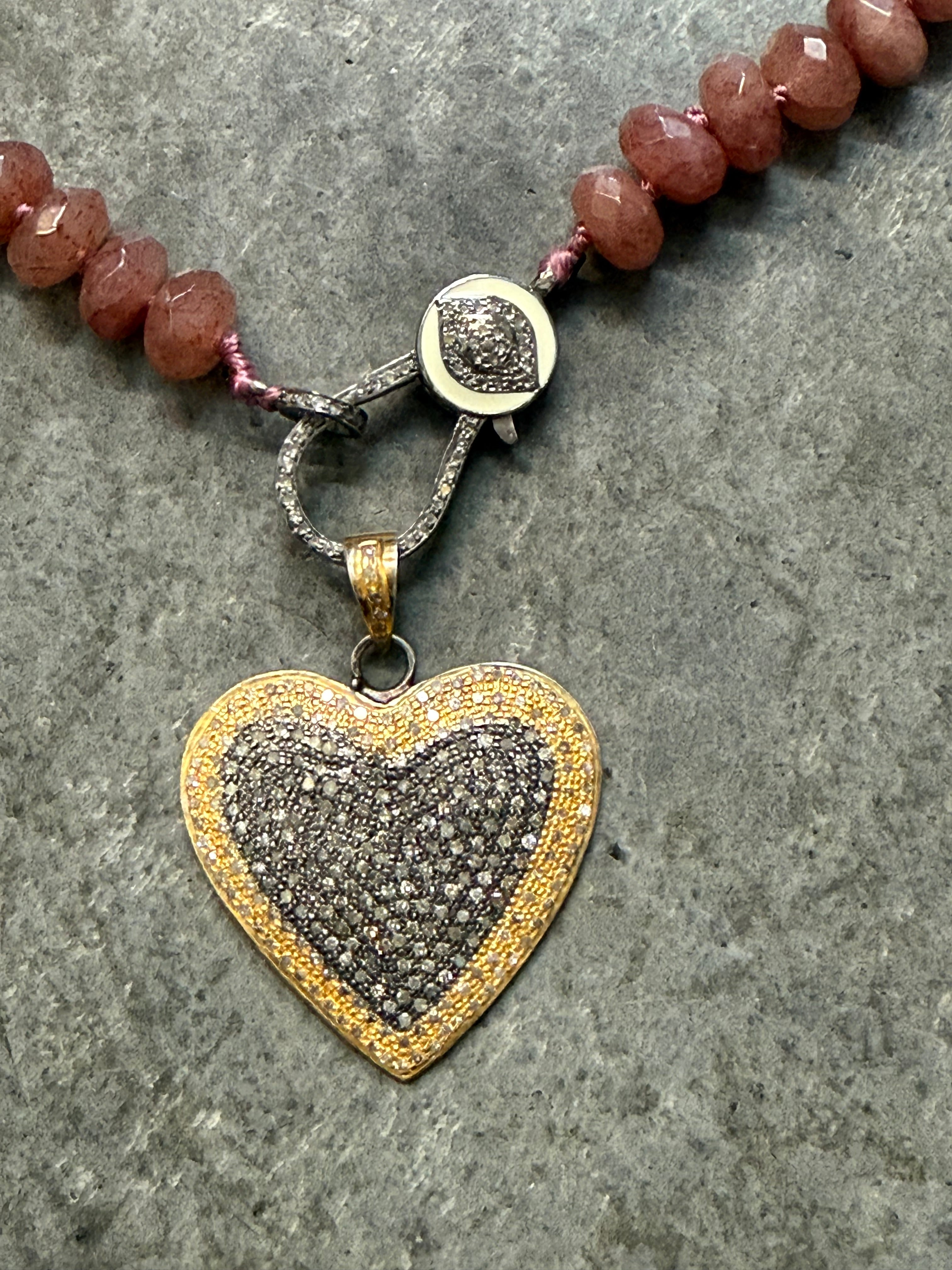 Diamond Heart on Eye Diamond Chain Holder and Pink Quartz Beaded Necklace