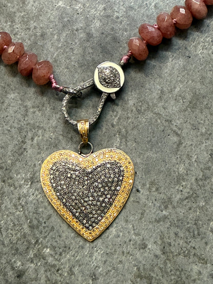 Diamond Heart on Eye Diamond Chain Holder and Pink Quartz Beaded Necklace