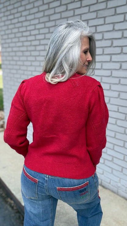 Pointelle Red Cardigan Sweater - Vintage Vault Boutique