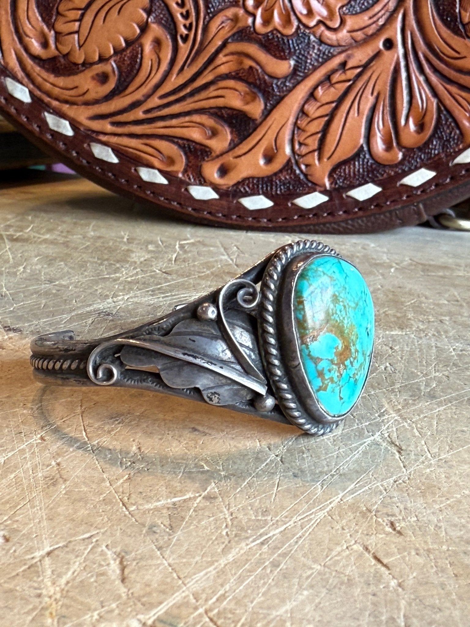 Turquoise Floral Silver Cuff - Vintage Vault Boutique