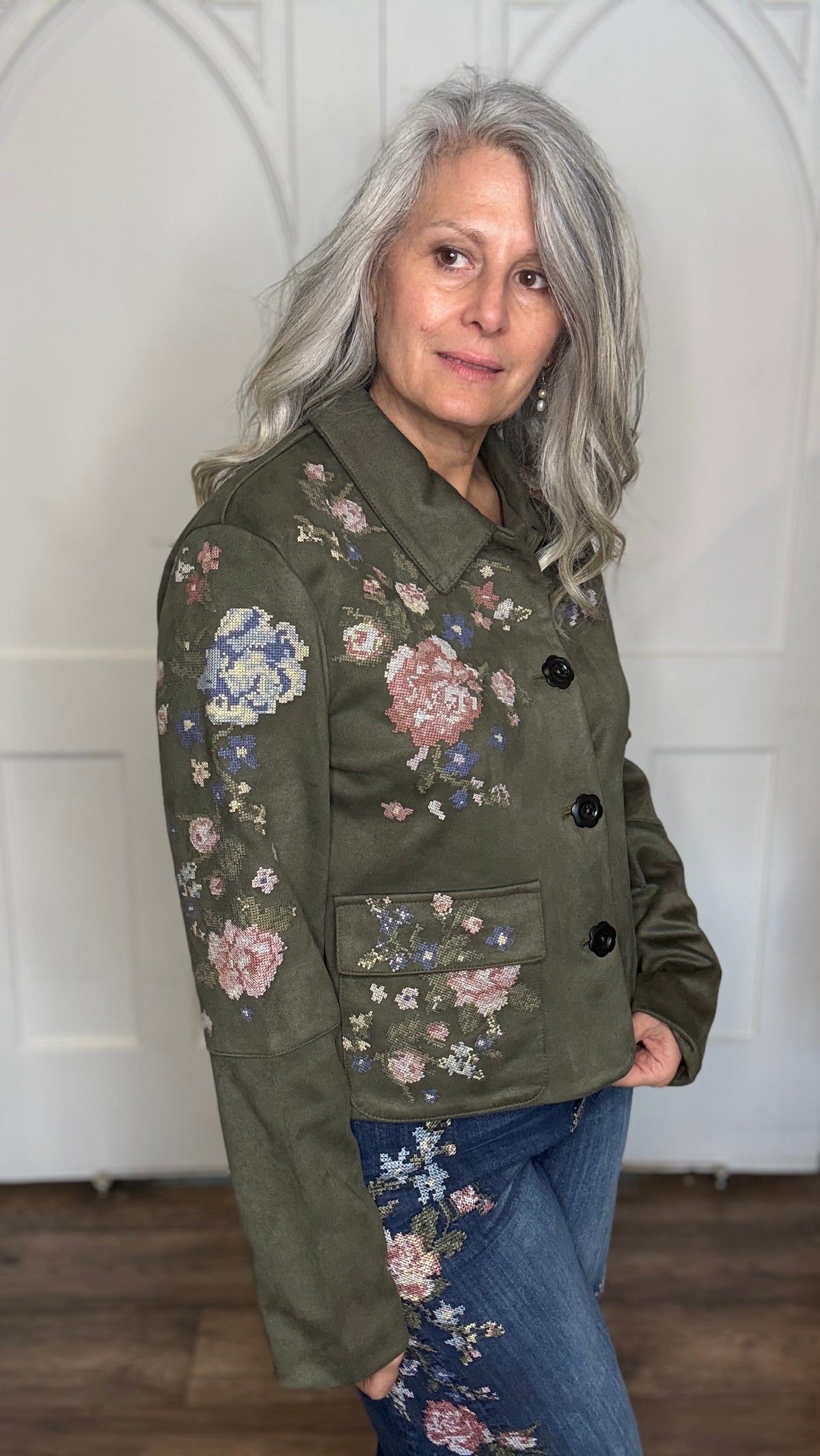 Parker Cross Stitch Rose Suede Jacket