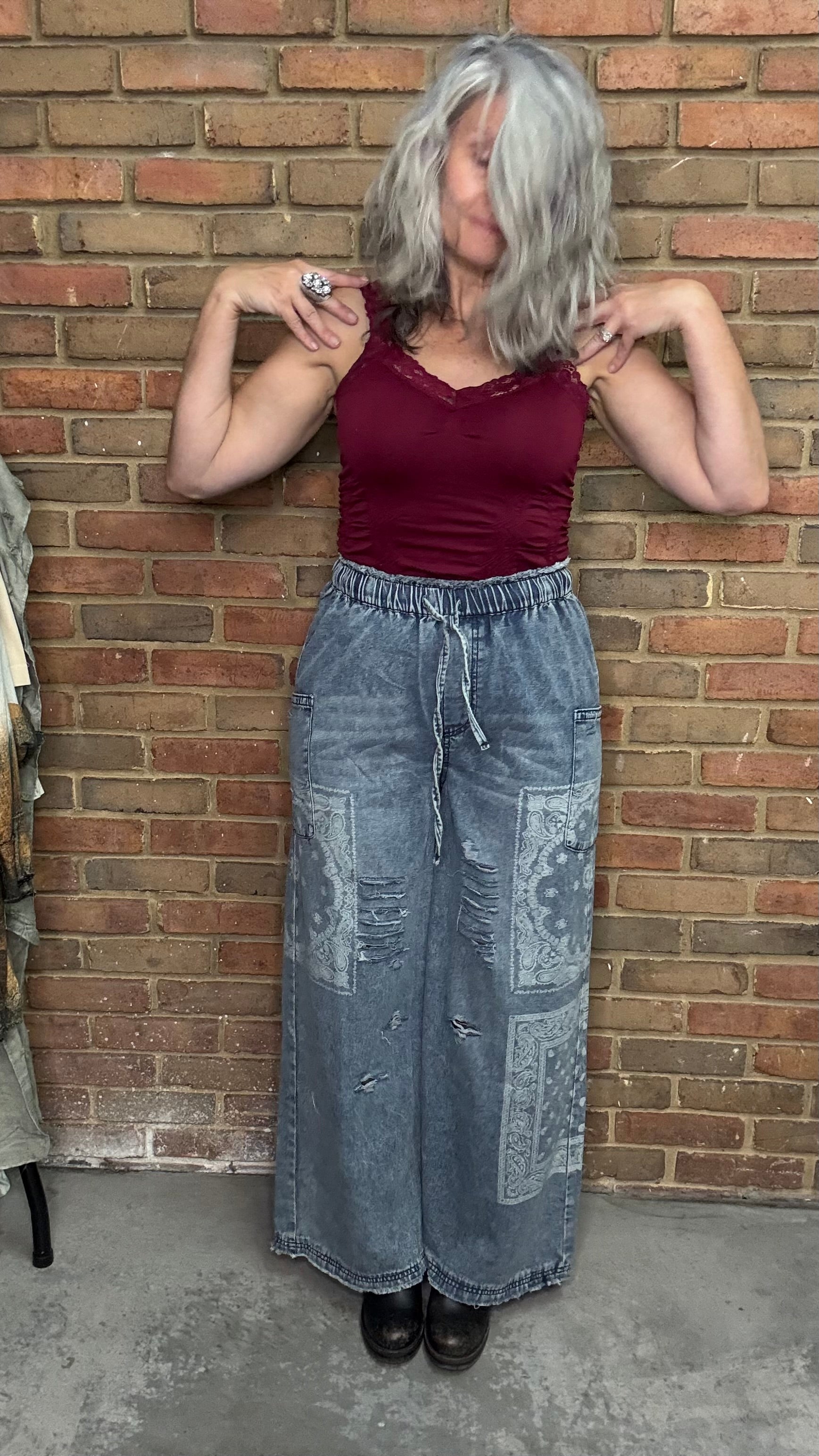 Washed Denim Wide Leg with Bandana Print Pant