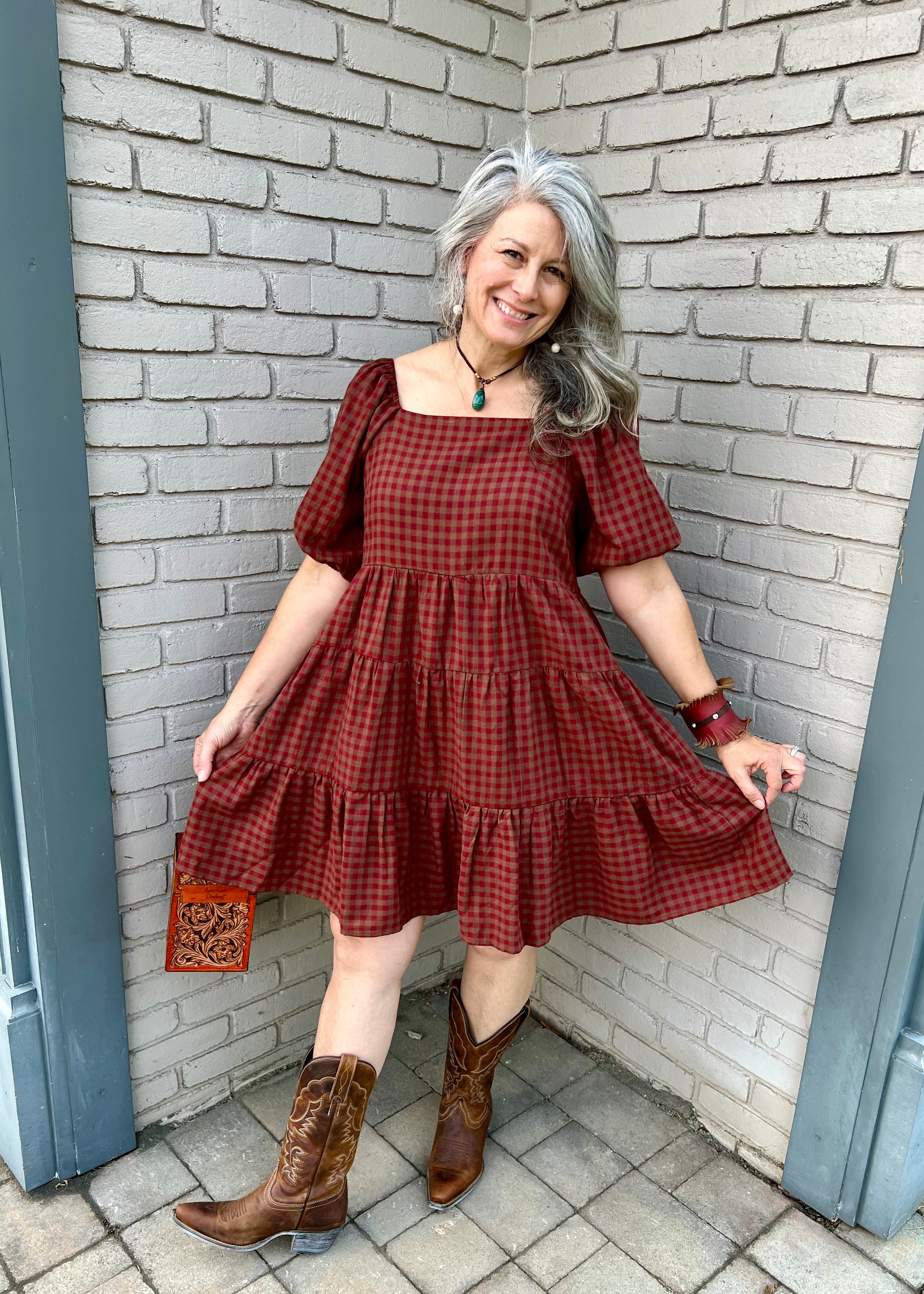 Half Sleeve Plaid Tiered Dress 