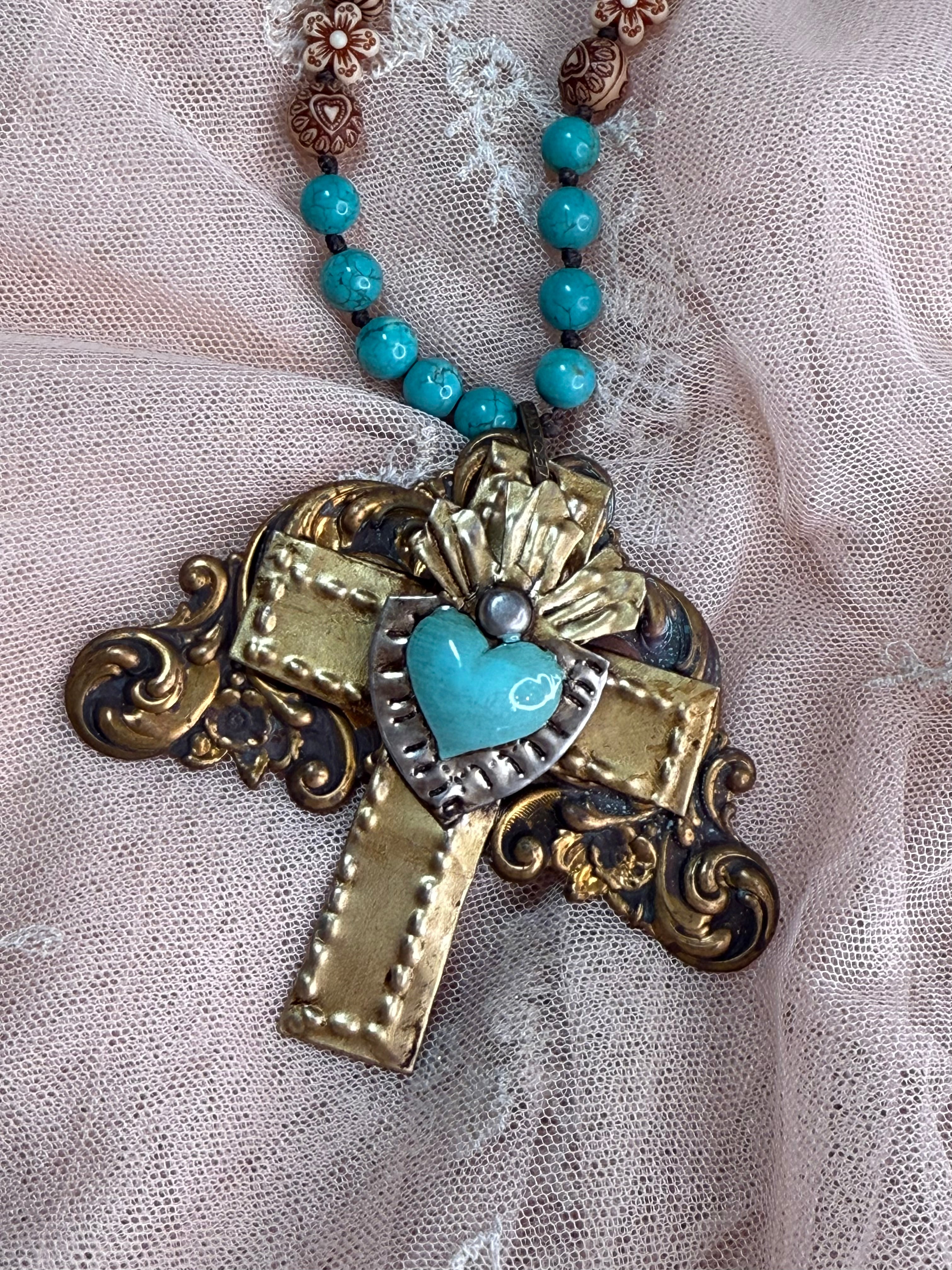 Turquoise Heart on Cross Necklace