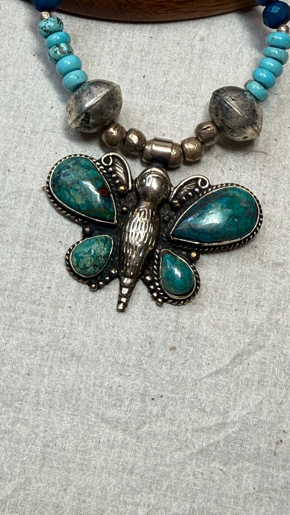 Turquoise Butterfly on Mixed Beaded Necklace - Vintage Vault Boutique