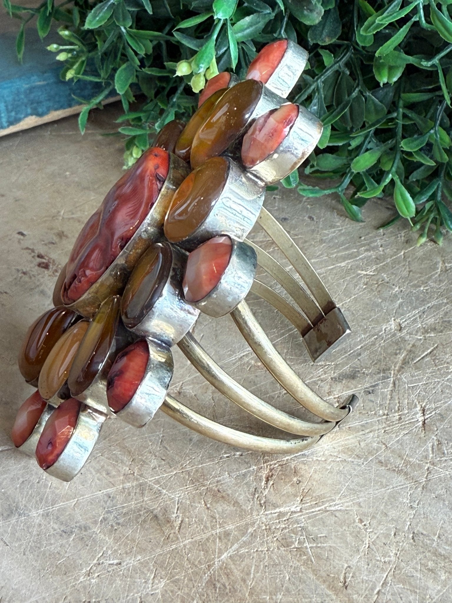 Muted Reds and Gold Focal Cuff Bracelet - Vintage Vault Boutique