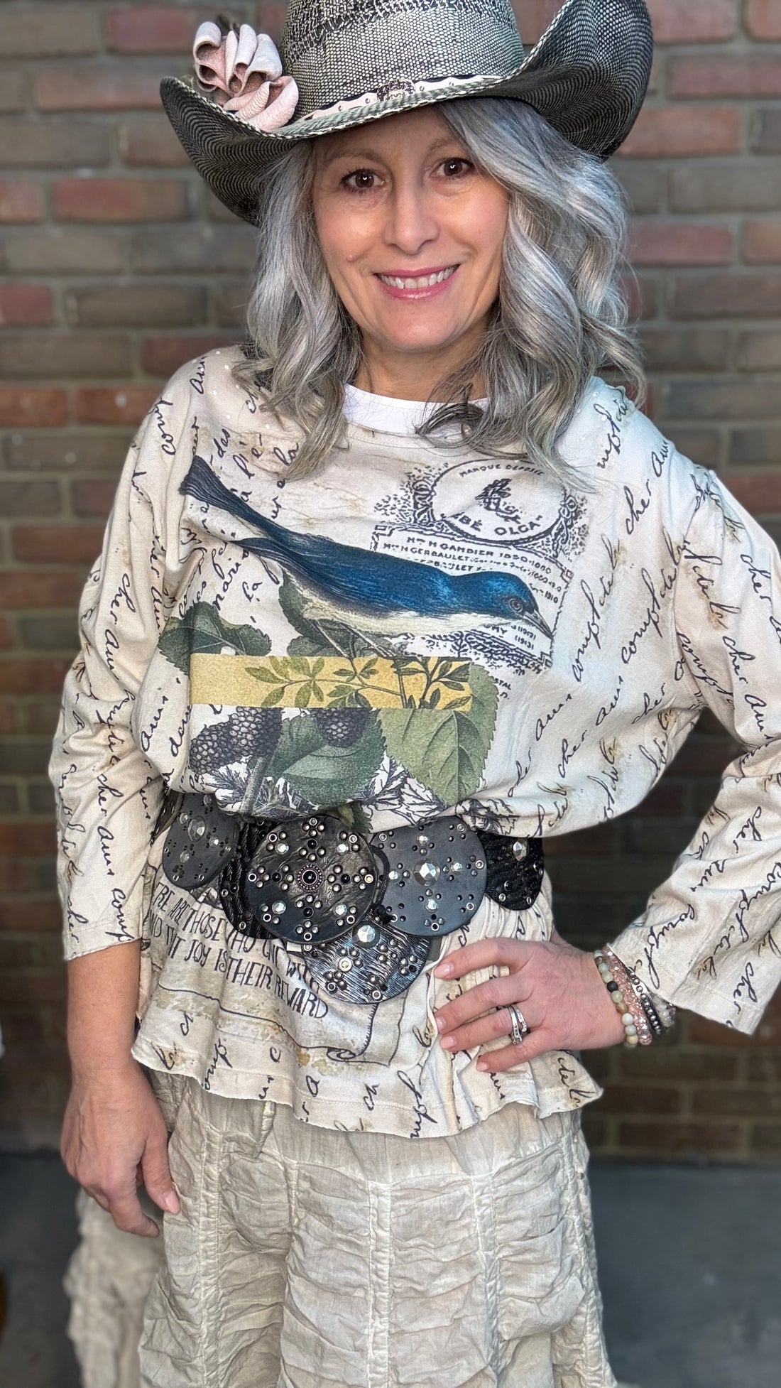 Vintage Washed Bird Print Top