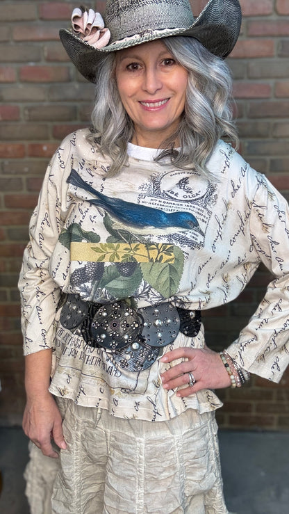 Vintage Washed Bird Print Top