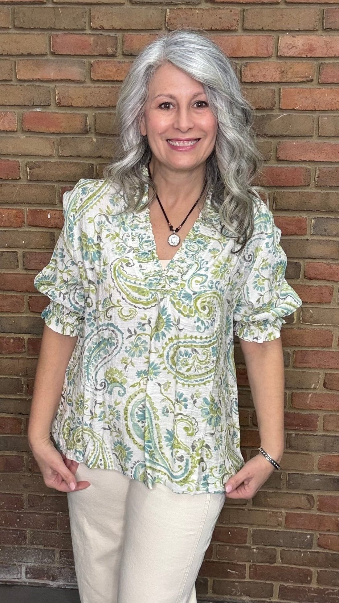 Paisley Print V - Neck Smocking Top - Vintage Vault Boutique