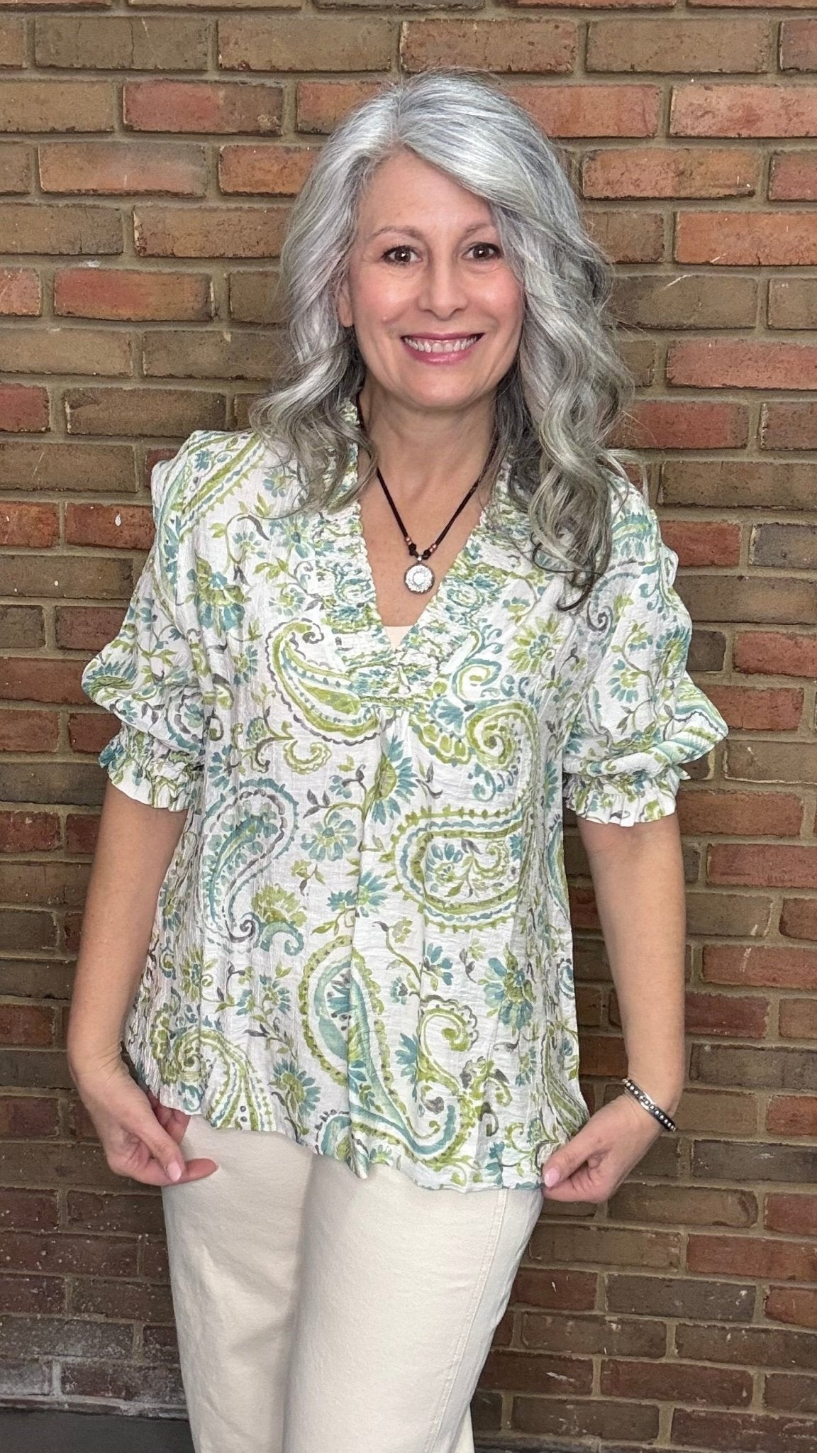Paisley Print V - Neck Smocking Top - Vintage Vault Boutique